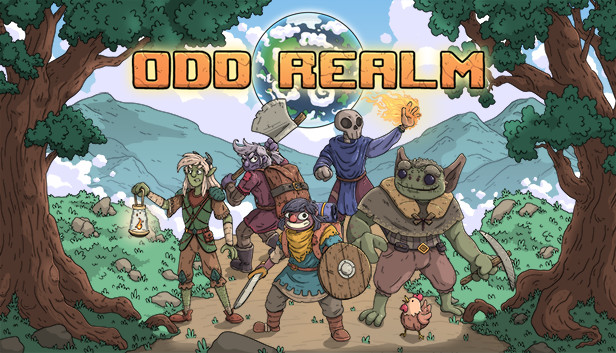 Cartoonish image with each of the five in-game races on a landscape below the Odd Realm title .