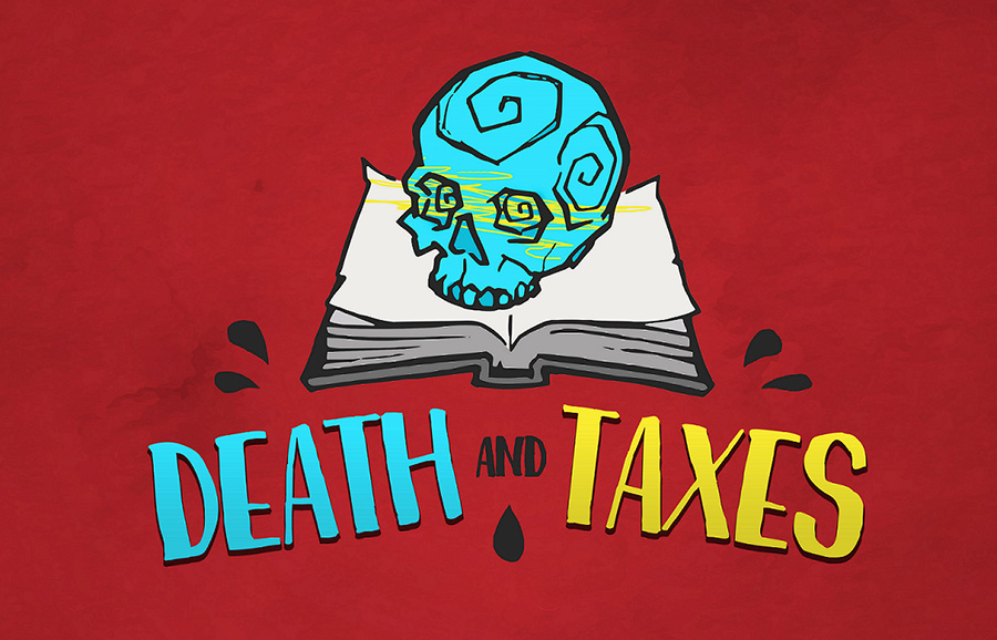 Death and Taxes title screen. A blue skull on an open book with a red background.
